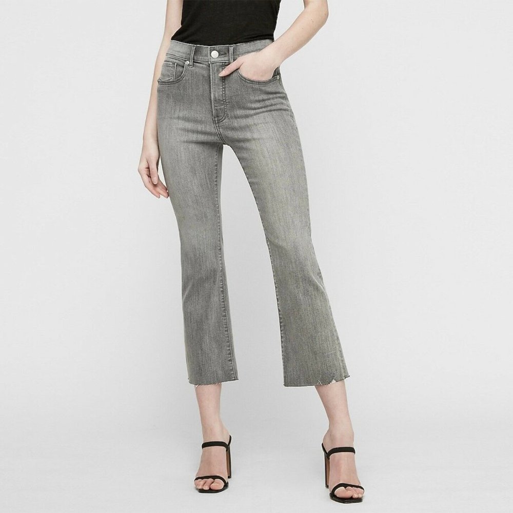 Express High Waisted Faded Black Cropped Flare Jeans
